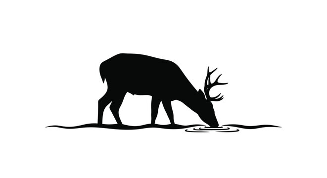 Silhouette of a majestic deer drinking water from a small pool