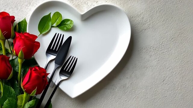Heart-shaped plate with forks and red roses arranged for a romantic dinner at home