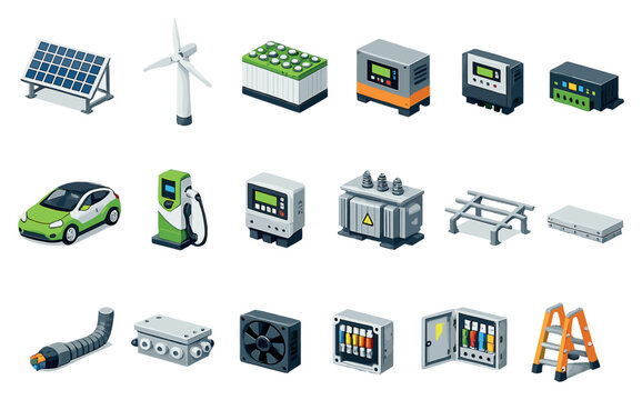 Green energy renewable power equipment in isometric flat style: solar panel, wind turbine, battery pack, inverter box, charge controller, electric car, charging. Vector icons