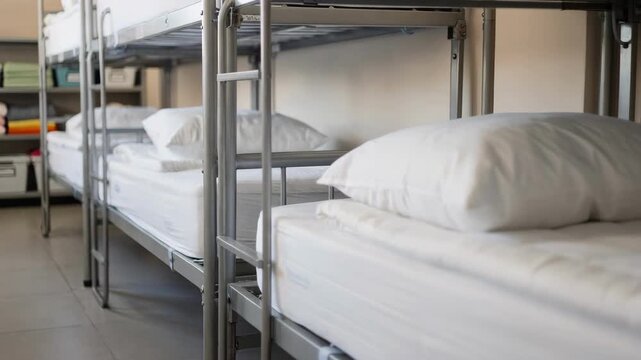 Medium shot highlighting a tidy row of bunk beds in an organized youth shelter emphasizing the clean mattresses and pillows as central focus blurred shelving in the background.