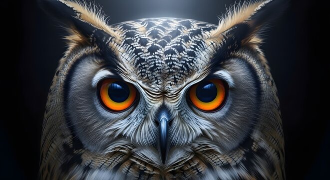 Close up of a wise owl with striking orange eyes