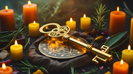 Enchanted mystic key surrounded by glowing candles and arcane symbols