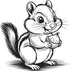 A charming black and white cartoon squirrel holding an acorn with detailed line art and cute expression © John