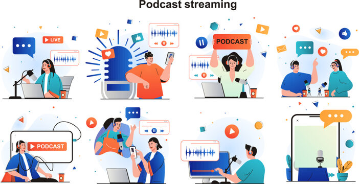 Podcast Streaming and Creation Vector Set 8 Scenes with Microphones, Streaming Interfaces and Social Engagement