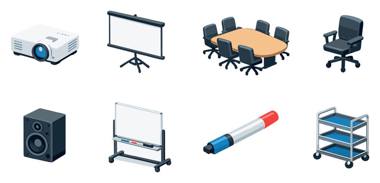 Sales enablement training room equipment in isometric flat style: projector, projection screen, conference table, office chair, speaker box, whiteboard, marker. Vector icons