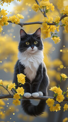 Serene black and white cat perched amongst vibrant yellow blossoms