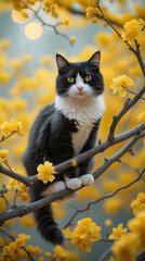 Curious cat perched amongst blossoming branches