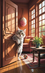 Curious kitten peeking through a sunlit door