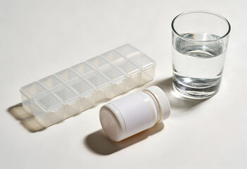 Medicine bottle lying down next to pill organizer and glass of water health medication