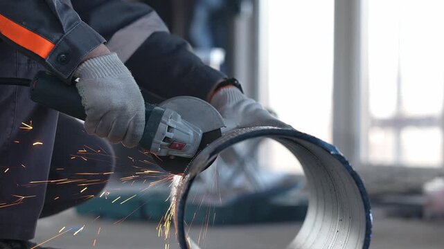 A worker cuts a ventilation pipe with an angle grinder