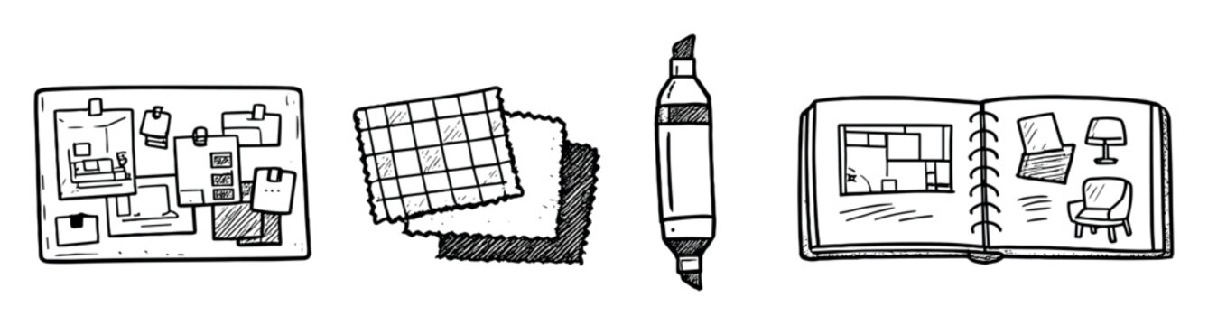 Interior designer creative desk items in doodle style: mood board, fabric sample, marker, notebook. Vector icons