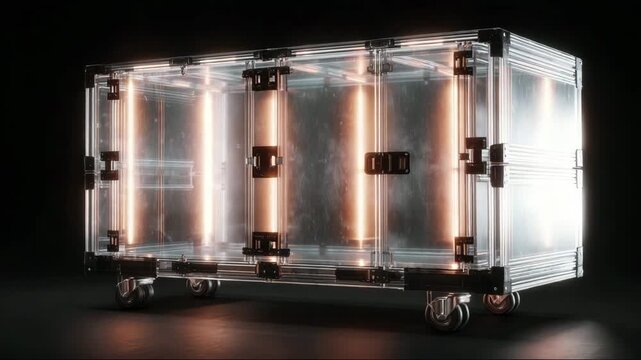 Transparent storage box with LED lights on black background  