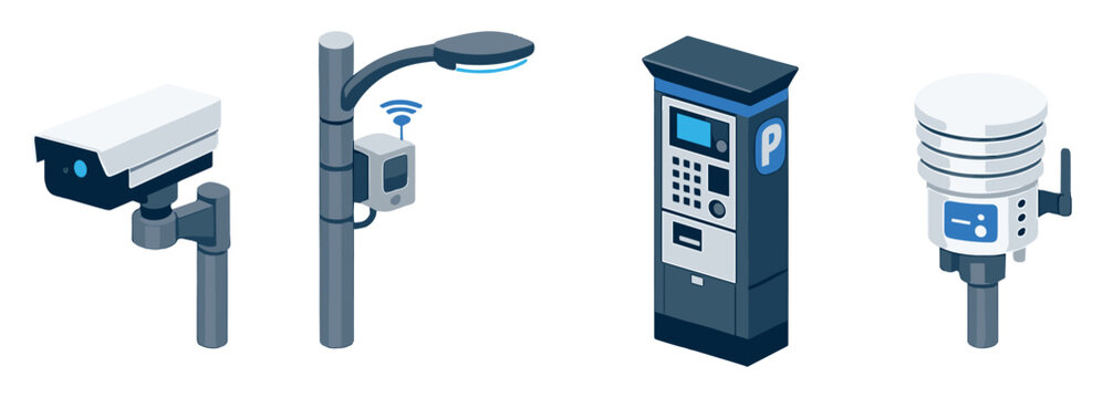 Smart city infrastructure devices in isometric flat style: traffic camera, smart streetlight, parking meter, environmental sensor. Vector icons