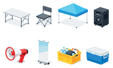 Social impact field project equipment in isometric flat style: folding table, folding chair, canopy tent, loudspeaker, megaphone, banner stand, supply crate. Vector icons