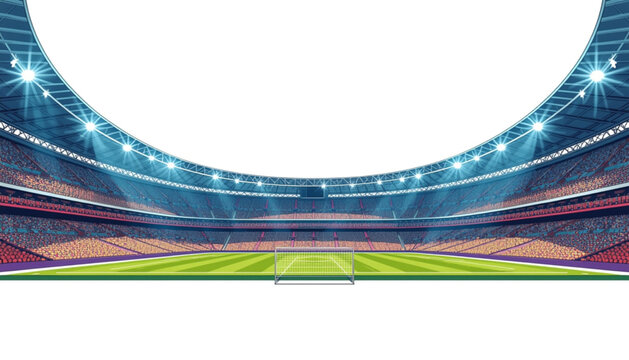 A vibrant illustration of an empty soccer stadium with a green field and bright lights