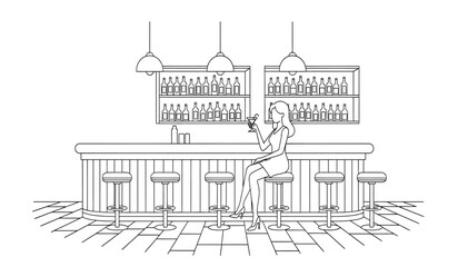 A man sitting at a bar counter with shelves of bottles behind him in a line drawing style