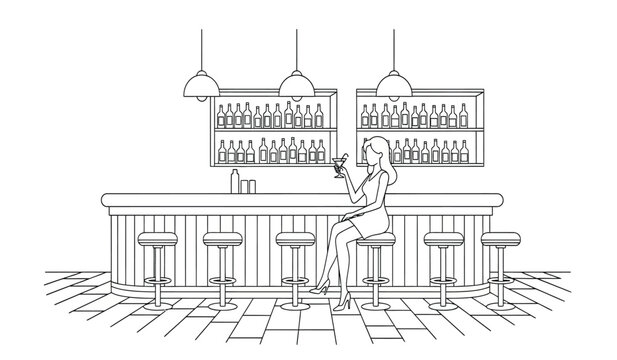 A man sitting at a bar counter with shelves of bottles behind him in a line drawing style