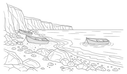 Obraz premium A serene coastal scene with two small boats on the shore near a cliff