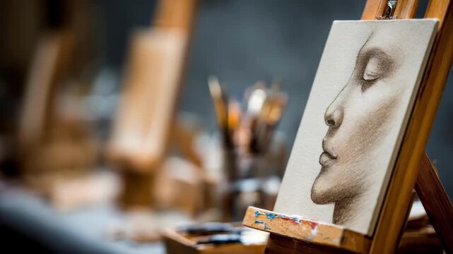 Focused medium shot on a graphite portrait drawing on toned paper with the easel and blurred background art supplies gently fading out.