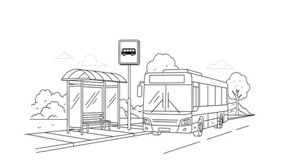 A black and white line drawing of a bus stop with a bus and a person waiting on the sidewalk © rsvect02