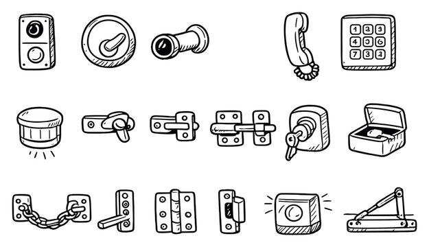 Residential access control devices in doodle style: doorbell camera, deadbolt lock, peephole viewer, intercom handset, wall keypad, motion. Vector icons