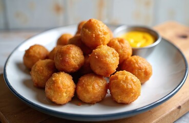 Golden brown bitterballen piled high on a plate. These Dutch meat snacks are served with bright yellow mustard dip. Crispy balls are a popular pub food, perfect for parties or casual meals.