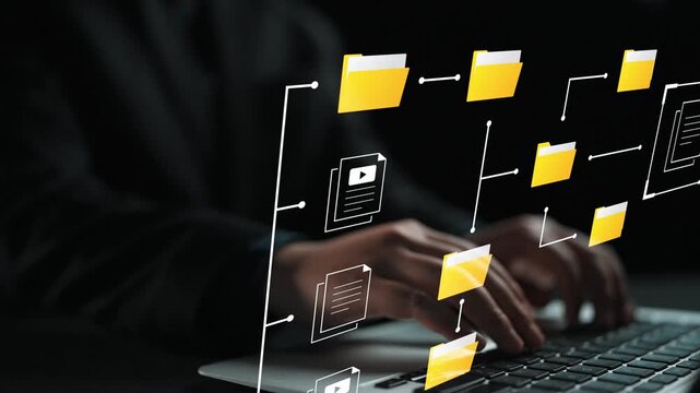 Business Professional Working on Laptop with Digital File System Visualization of Yellow Folders and Documents on Dark Background Gluon.