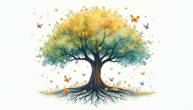 Watercolor tree of life with visible roots. Colorful butterflies fly around lush green and yellow foliage. Small flowers bloom at base on white background. Nature beauty, rebirth, growth concept.