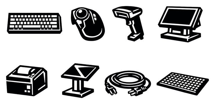 High-contrast input devices in bold style: mechanical keyboard, trackball mouse, barcode scanner, touchscreen terminal, receipt printer, metal stand, power. Vector icons