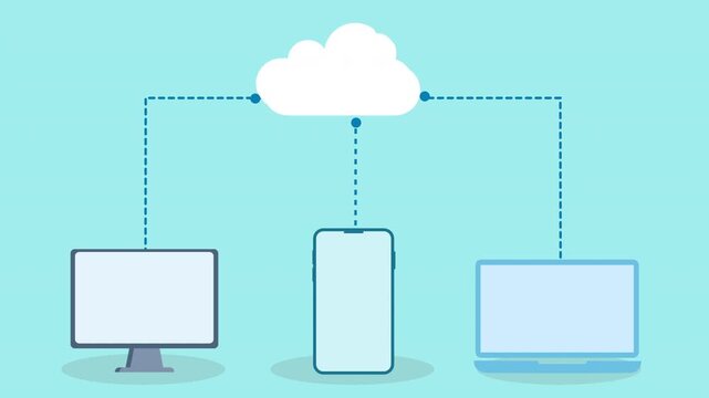 Flat vector illustration of a cloud connected to desktop, smartphone, and laptop, representing cloud data synchronization and multi device connectivity on a light blue background.
