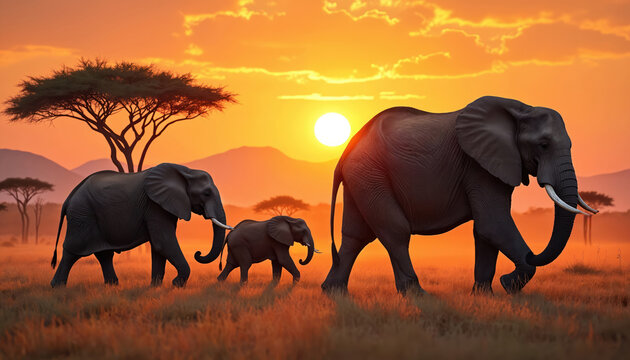 Elephant family walks across savanna grassland at sunset. Adult elephants and a baby elephant move together under acacia tree with warm sky background.