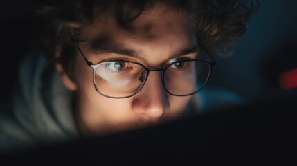 a young 20 year old nerdy tech guy locked in and focused on a computer monitor, he is intensely focused on what he is seeing
