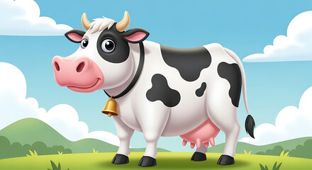 Cute cartoon dairy cow with black and white spots and a golden bell, standing in a vibrant green pasture under a bright blue sky, a delightful farm animal illustration