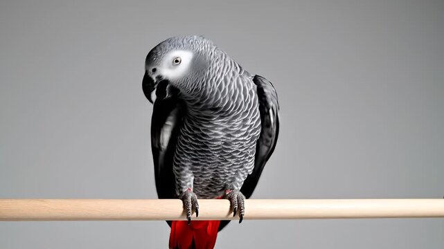 African Grey Parrot Perched on a Wooden Dowel, Stunning Bird.