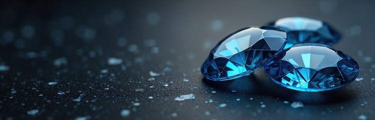 Fototapeta premium Blue diamonds rest on dark granite, reflecting light. Small water droplets dot the surface, creating a wet, shimmering effect. The gems appear luxurious and valuable.