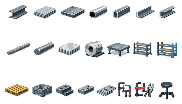 Welder metal fabrication materials in isometric flat style: steel beam, metal sheet, steel plate, metal pipe, square tube, angle iron, rebar rod, metal bar. Vector icons