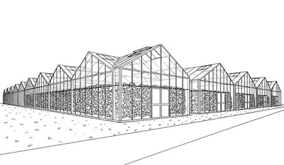 Obraz premium A detailed architectural sketch of a long building with multiple gable roofs and a brick facade