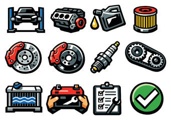Vehicle maintenance and repair services vector icons in bold style: car lift, engine block, oil change can, oil filter, brake disc, brake caliper, spark plug. Vector icons