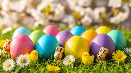 Fototapeta premium Colorful easter eggs and bunnies in a spring garden