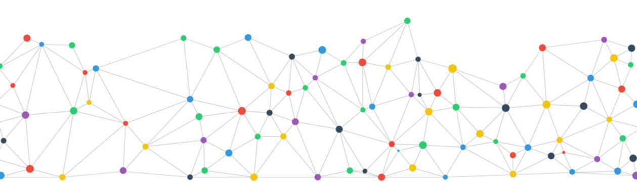 Global network connections, abstract data links, colorful nodes on white background