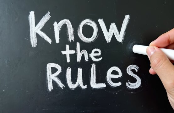 Blackboard with Know the Rules written in chalk. Hand holding chalk, writing or erasing on surface. Concept for guidance instruction and compliance in business or education.