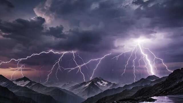 Storm clouds gather over mountains with lightning strikes in the sky at dusk