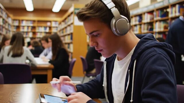 Student studies in library with headphones and tablet during afternoon session in busy setting