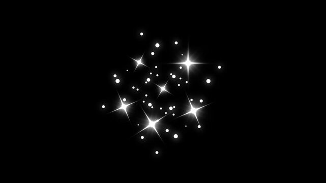 Sparkling star twinkle glitter white cartoon flat bubble bursts, Star twinkling, white cartoon blinking stars, vector blinking star light effect glowing on black screen, starry sky festive overlay 4K