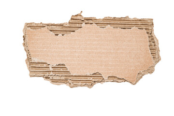 Tan Cardboard Strip With Textured Surface and Irregular Jagged Edges, on Plain White Backdrop. The Material Shows Signs of Tear or Damaged.