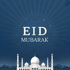 Eid Mubarak Greeting Card with Mosque Illustration at Night