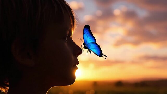 Butterfly flies near child's face during sunset in a peaceful outdoor setting
