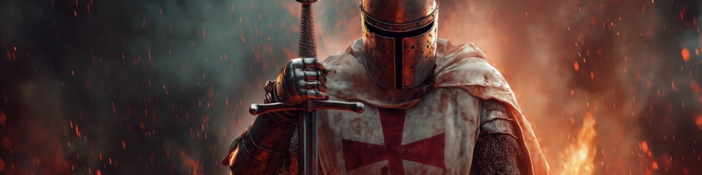 Crusader Knight standing in battle holding sword. Crusader knight in weathered armor holding a sword against a fiery battlefield
