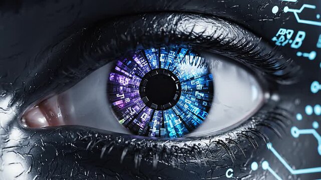 A close-up of a human eye with green iris that resembles a digital screen displaying code and data, surrounded by dark eye makeup and eyelashes, with faint blue digital patterns in the background