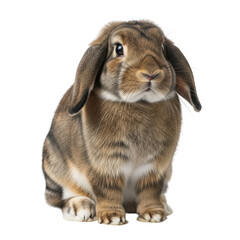 Adorable brown lop-eared rabbit sitting attentively, isolated on transparent background